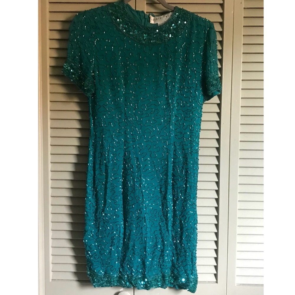 Lillie Rubin teal beaded sequin short sleeve vintage silk dress